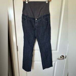 Thyme maternity indigo jeans with full belly coverage.